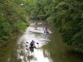 Boote fahren auf Fluss, der von Wald umgeben ist