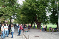 Personen stehen in mehreren Gruppen in einem Park